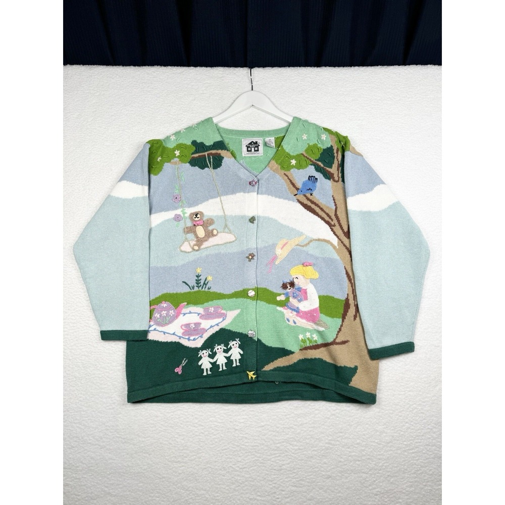 Vintage Storybook Knits Sweater XXL Kids Playing Tree Dog Swing